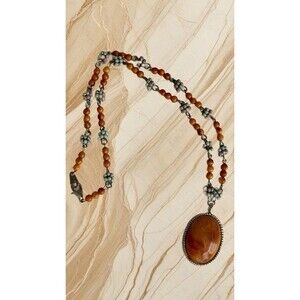 Vintage-Inspired Faux Amber Necklace – Silver Tone, Floral Accents, 18” Statemen